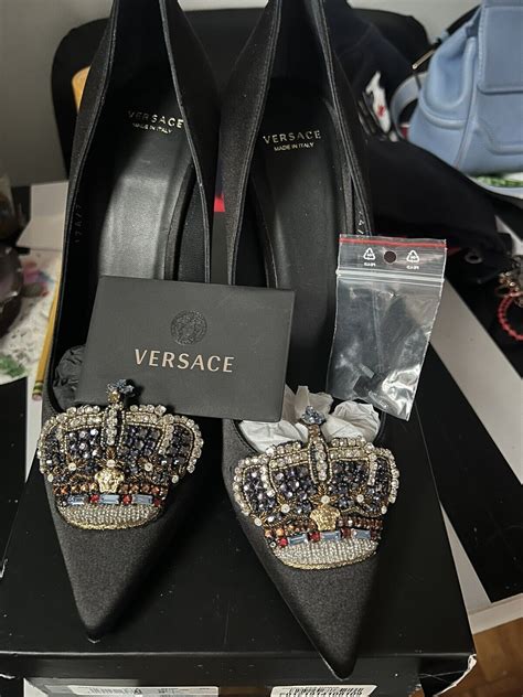 versace embellished crown pumps|Versace embellished platform pumps.